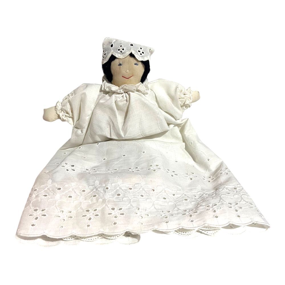 Vtg Handmade Rag Doll Plush White Dress Bonnet Black‎ Hair 13" Tall